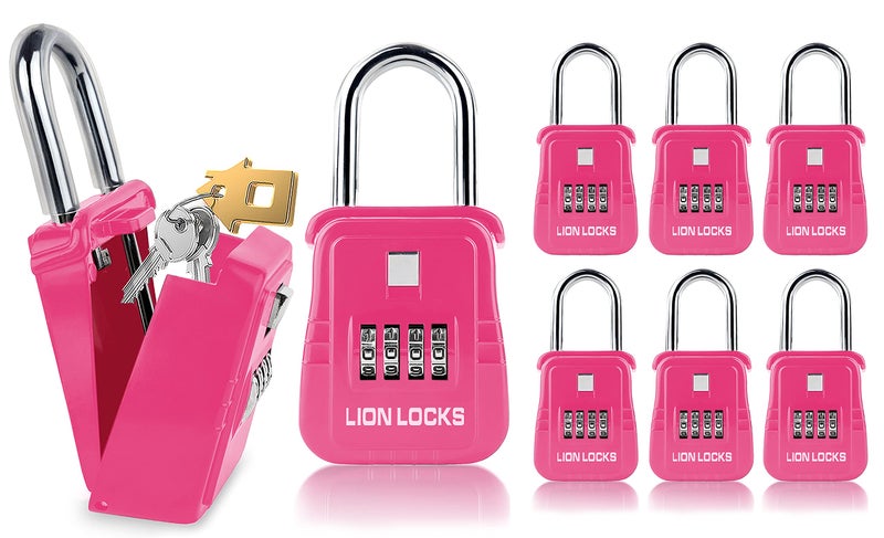 Lion Locks صندوق قفل مفتاح Lion Locks 1500 مع رمز، صندوق قفل للمفاتيح في الهواء الطلق، صندوق قفل السمسار للإيجارات قصيرة المدى، يحمل 5 مفاتيح (6 عبوات، وردي) - Image 1